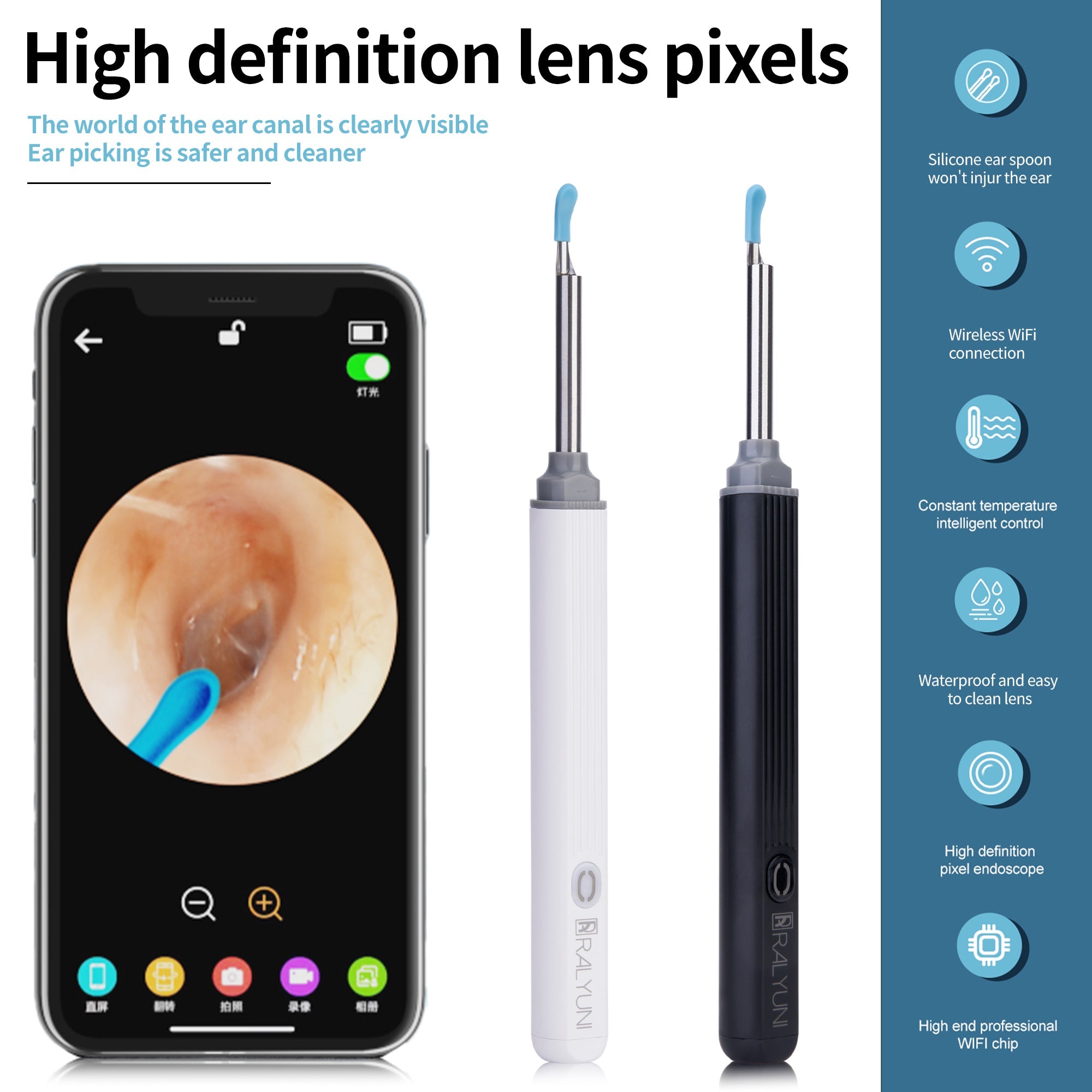 RALYUNI Ear Wax Removal Tool with Camera -Earwax Remover with 8 Pcs Ear Set - Earwax Removal Kit with Light - Ear Cleaner for iOS &Android Black(No delivery on weekends)