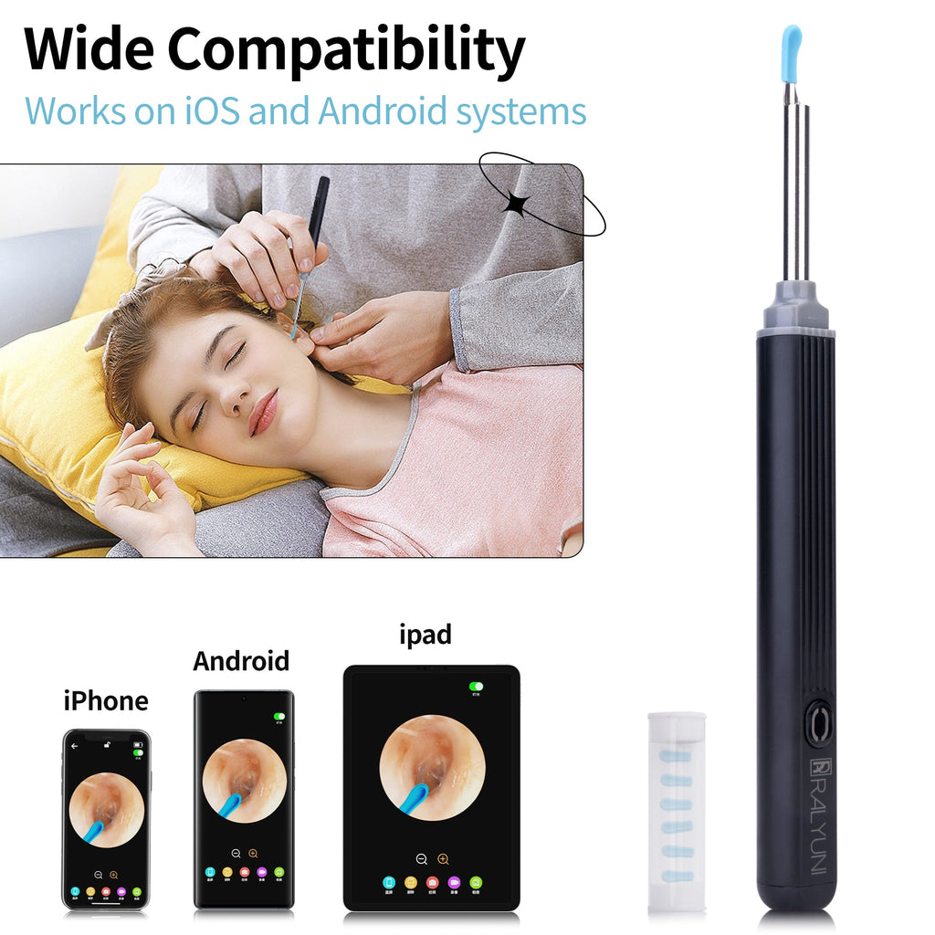 RALYUNI Ear Wax Removal Tool with Camera -Earwax Remover with 8 Pcs Ear Set - Earwax Removal Kit with Light - Ear Cleaner for iOS &Android Black(No delivery on weekends)