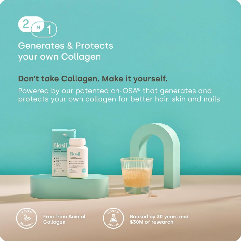 Biosil Collagen Booster – 120 Capsules – Patented ch-OSA for Skin, Hair, Nails & Joints – Supports Natural Collagen, Keratin & Elastin – Vegan & Non-GMO