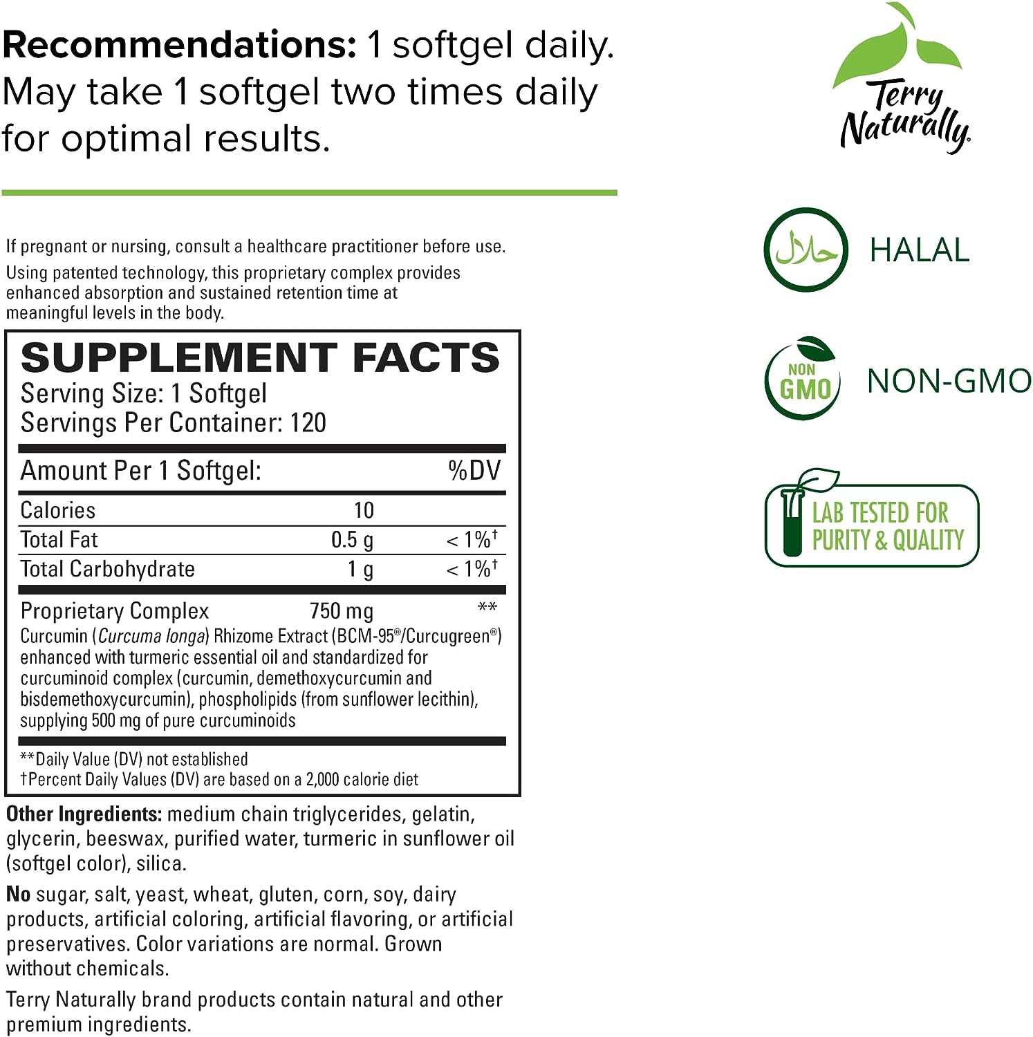 Terry Naturally CuraMed 750 mg Curcumin Complex - 120 Softgels | Superior Absorption with BCM-95