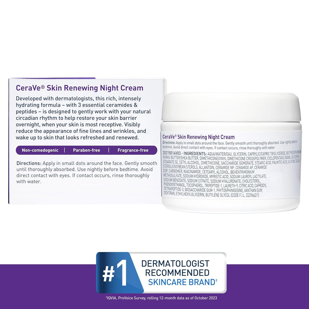 CeraVe Skin Renewing Night Cream – Peptide Complex, Niacinamide & Hyaluronic Acid for Overnight Hydration & Wrinkle Reduction