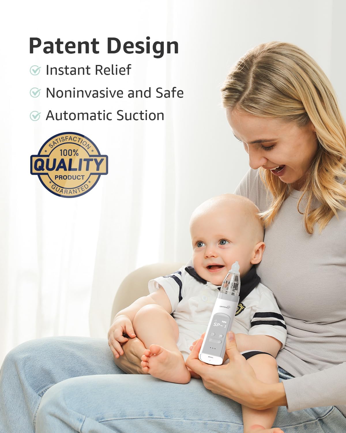 GROWNSY Baby Nasal Aspirator – Electric Nose Sucker with Adjustable Suction, Music & Light, 3 Silicone Tips, USB-C Rechargeable for Newborn Essentials