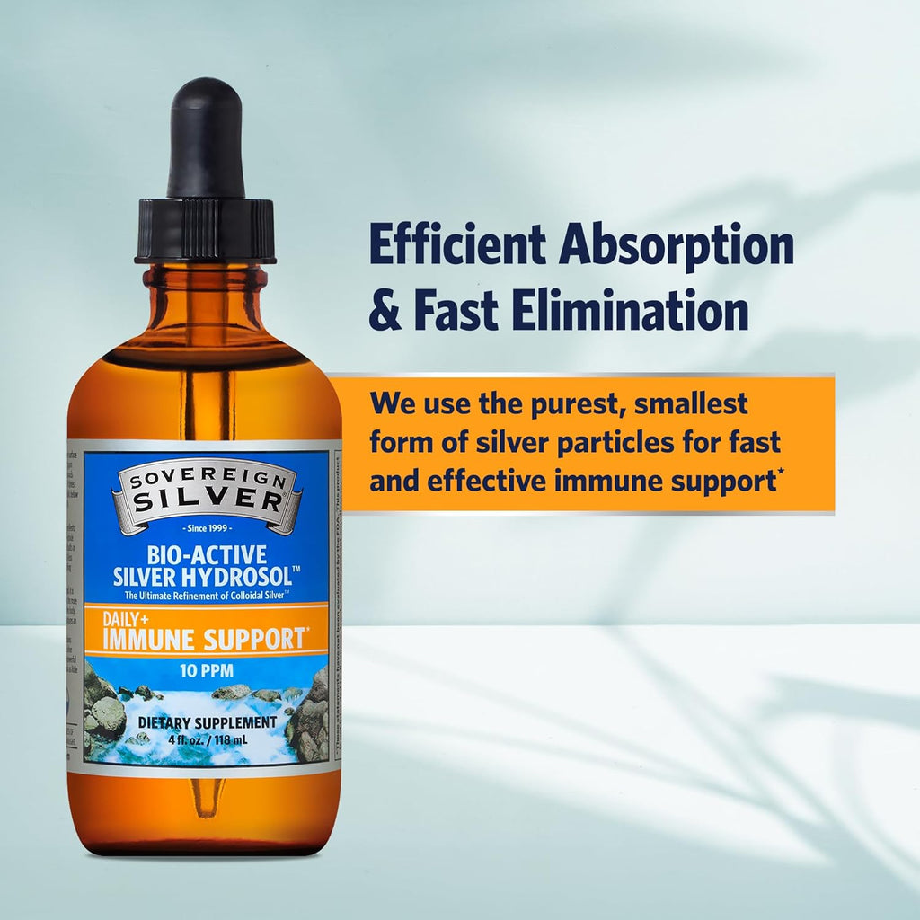 Sovereign Silver Bio-Active Silver Hydrosol – 10PPM, 4oz Dropper Premium Colloidal Silver Supplement for Immune Support