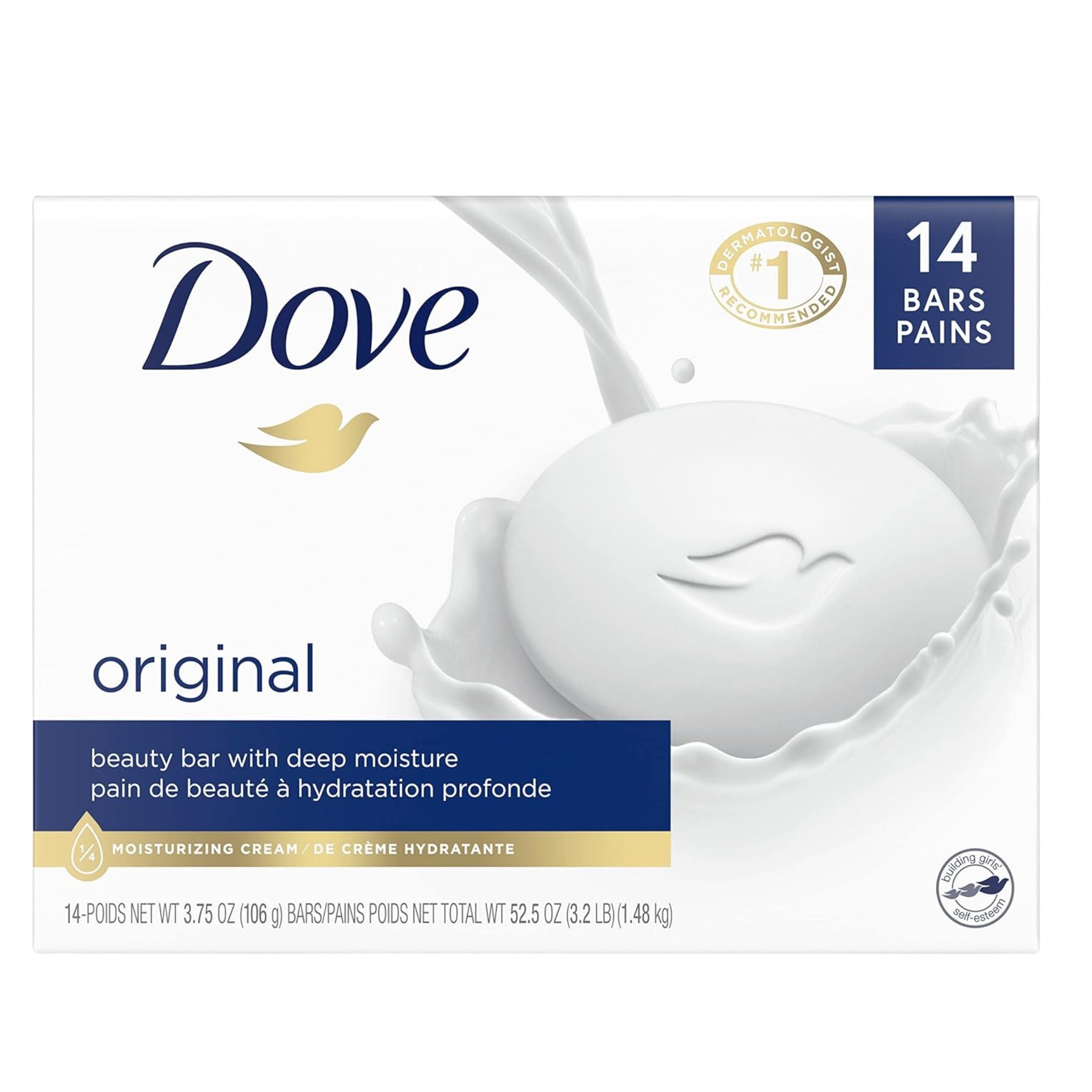 Dove Beauty Bar – Gentle Skin Cleanser & Moisturizer, Original with 1/4 Moisturizing Cream, 3.75 oz, 14 Bars