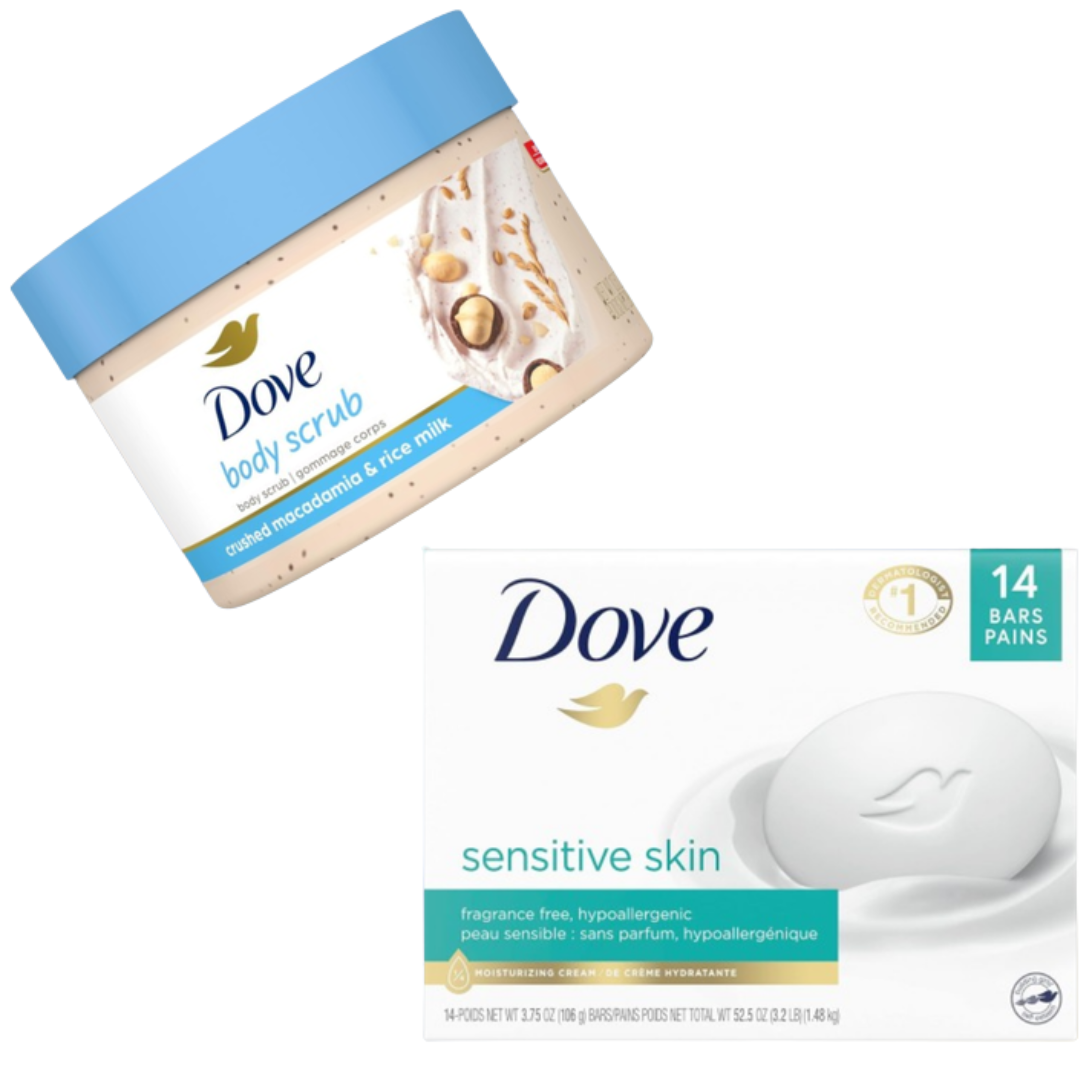 Dove Skincare Duo: Macadamia & Rice Milk Body Scrub and Sensitive Skin Beauty Bar Gentle Care for Radiant Skin