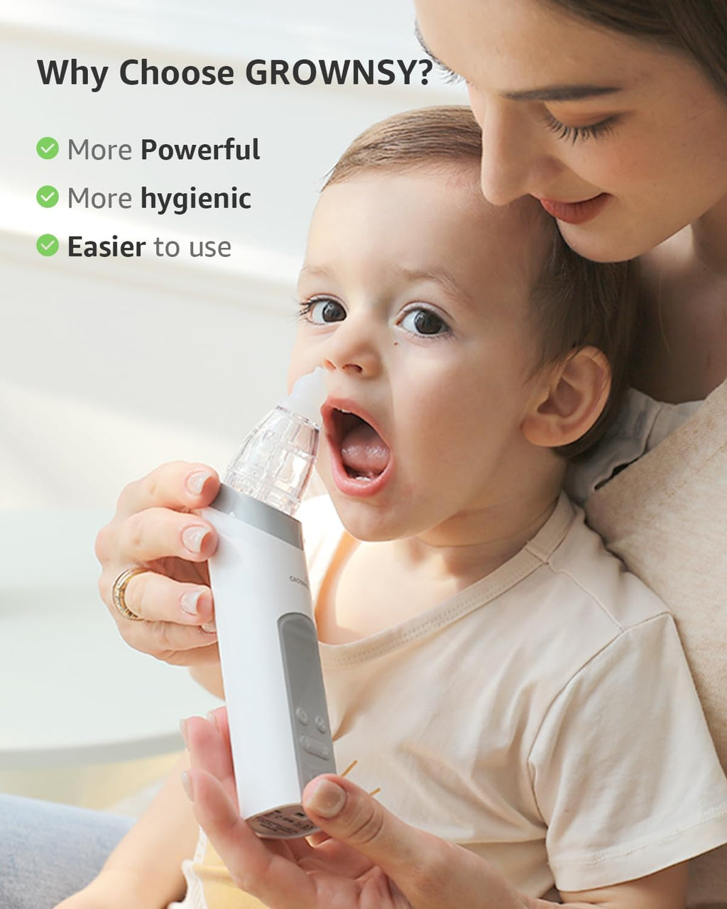 GROWNSY Baby Nasal Aspirator – Electric Nose Sucker with Adjustable Suction, Music & Light, 3 Silicone Tips, USB-C Rechargeable for Newborn Essentials