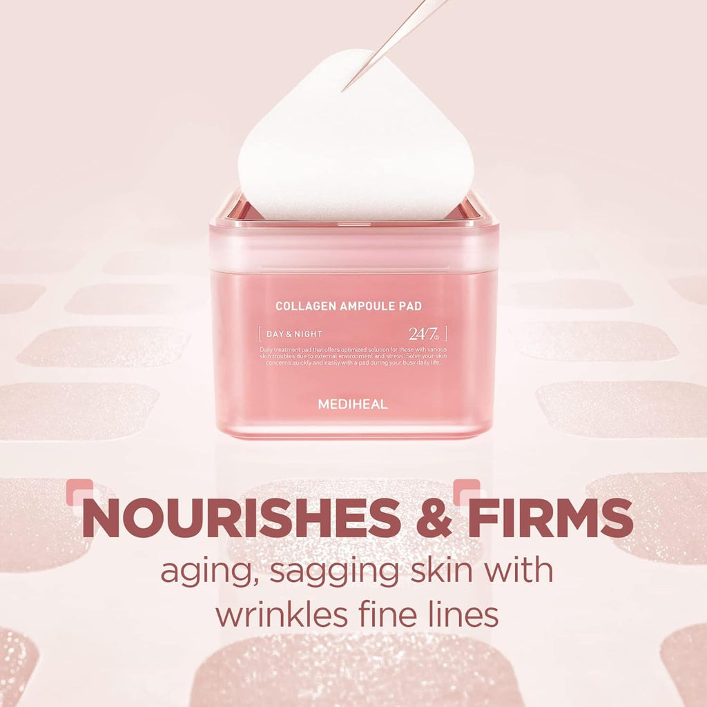 MEDIHEAL Collagen Ampoule Pads – Vegan Toner Pads for Firming Skin & Wrinkle Care | Collagen, Ceramide, & Milk Protein | Korean Skincare, 100 Pads