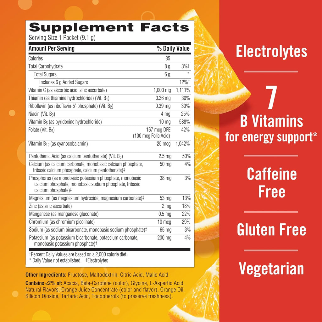 Emergen-C 1000mg Vitamin C Powder | Daily Immune Support | Caffeine-Free with Zinc, Manganese &amp; Electrolytes – Super Orange, 30 Packets