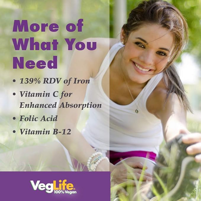 VegLife Vegan Iron Supplement | 25mg Iron Plus Vitamin C, Folic Acid & B-12 | Plant-Based Tablets for Women & Men | 2 Pack, 100 Tablets