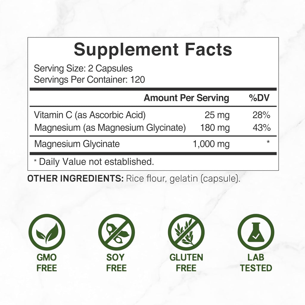 Magnesium Glycinate 500mg Plus Vitamin C – Essential Mineral Supplement (240 Capsules)