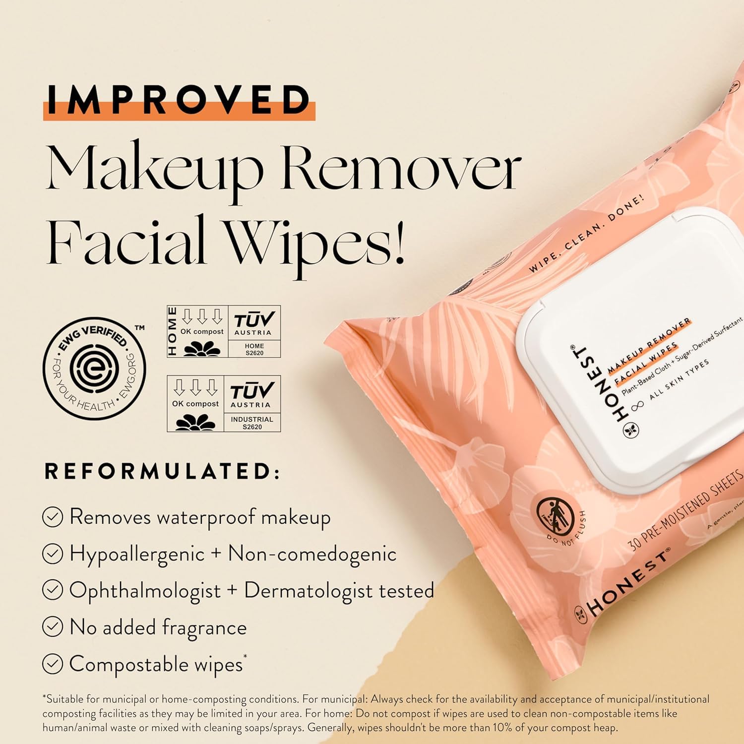 Honest Beauty Fragrance-Free Cleansing Makeup Remover Wipes - 90 Count