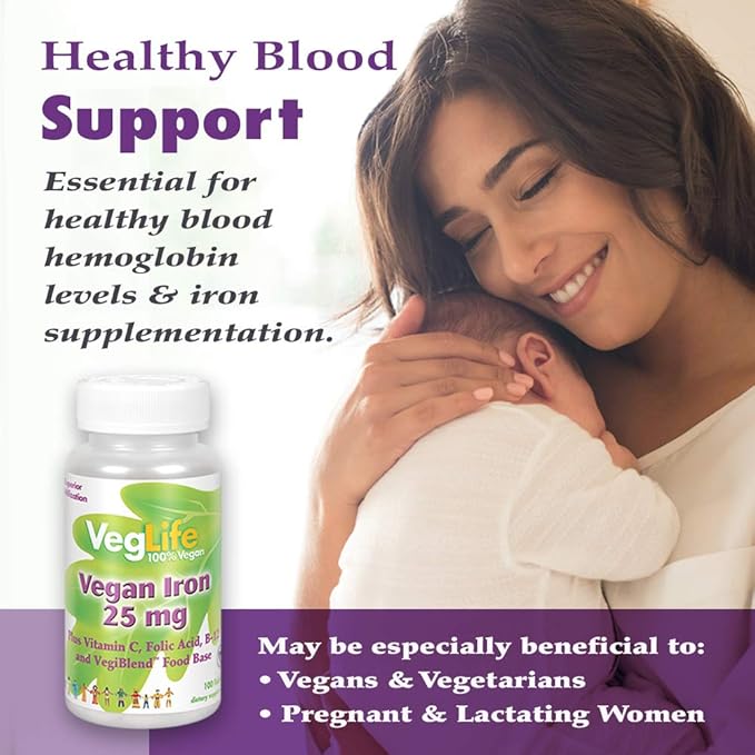 VegLife Vegan Iron Supplement | 25mg Iron Plus Vitamin C, Folic Acid & B-12 | Plant-Based Tablets for Women & Men | 2 Pack, 100 Tablets