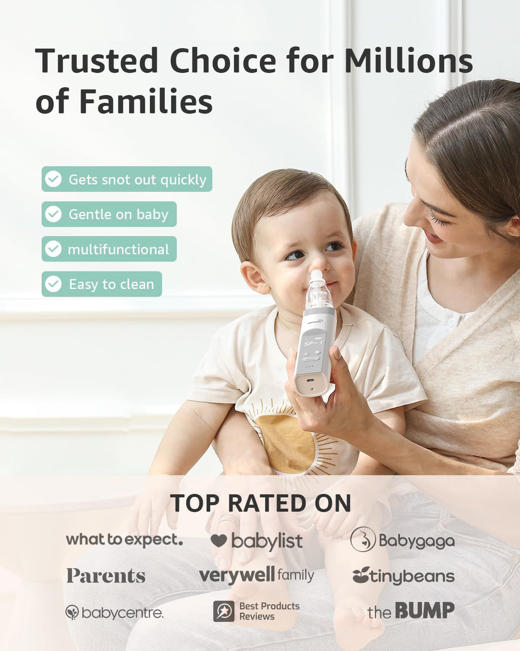 GROWNSY Baby Nasal Aspirator – Electric Nose Sucker with Adjustable Suction, Music & Light, 3 Silicone Tips, USB-C Rechargeable for Newborn Essentials