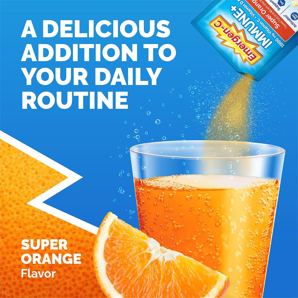 Emergen-C Immune+ Triple Action Powder – 1000mg Vitamin C, BetaVia®, B Vitamins &amp; Antioxidants – Super Orange Flavor – 50 Packets